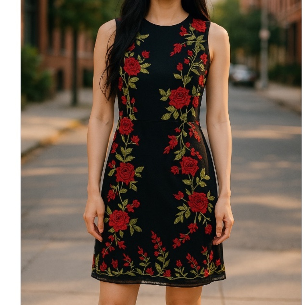 Donna Ricco New York Women’s Size 6 Embroidered Black and  Red Floral Midi Dress